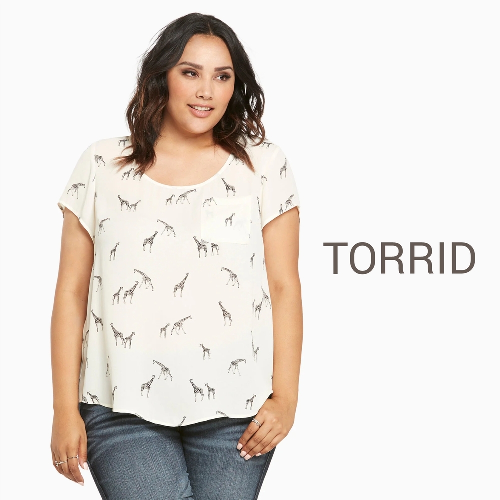 Torrid Ivory Giraffe Print Crepe Button Back Top